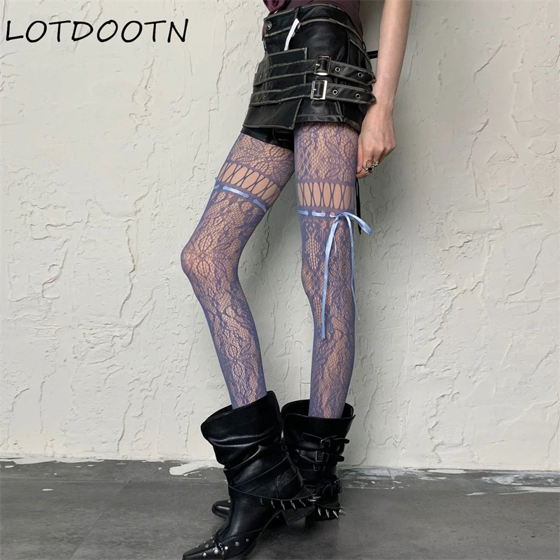 

LOTDOOTN Y2K Vintage Solid Fishnet Lace Pattern Tights Stockings Hollowed Rhombus Lace Up Geometric Jacquard Pantyhose Leggings
