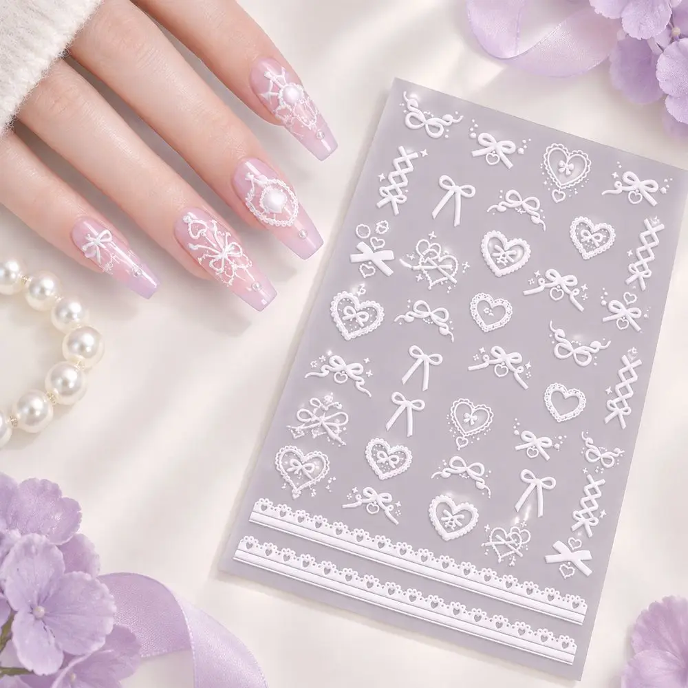 Beginner Friendly Lace Nail Kit White Bow Heart 5D Embossed Self Adhesive Decals Easy Apply DIY Home Manicure Set for Nail Art