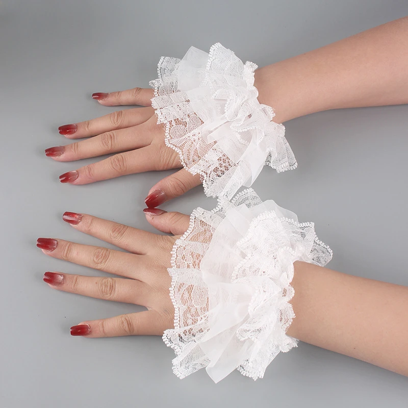 Mangas falsas de encaje multicapa cortas para niña, decoración con volantes, muñequeras sin dedos, guantes de novia para boda, pulsera de disfraz de sirvienta