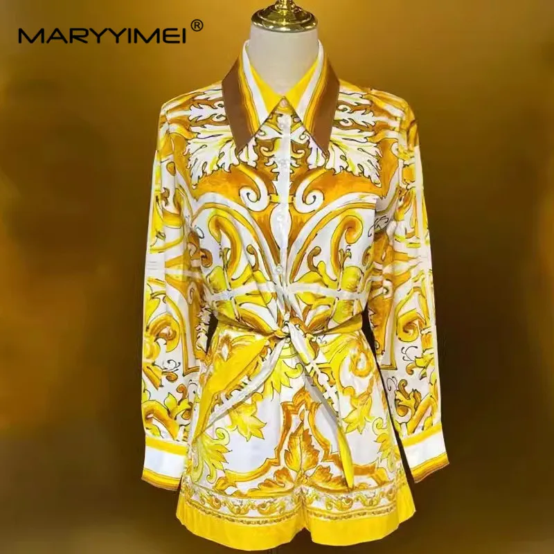 MARYYIMEI Summer Women's Suit Cotton Turn-Down Collar Long-Sleeved Single-Breasted Tops+Casual shorts Baroque Print 2 Piece Set