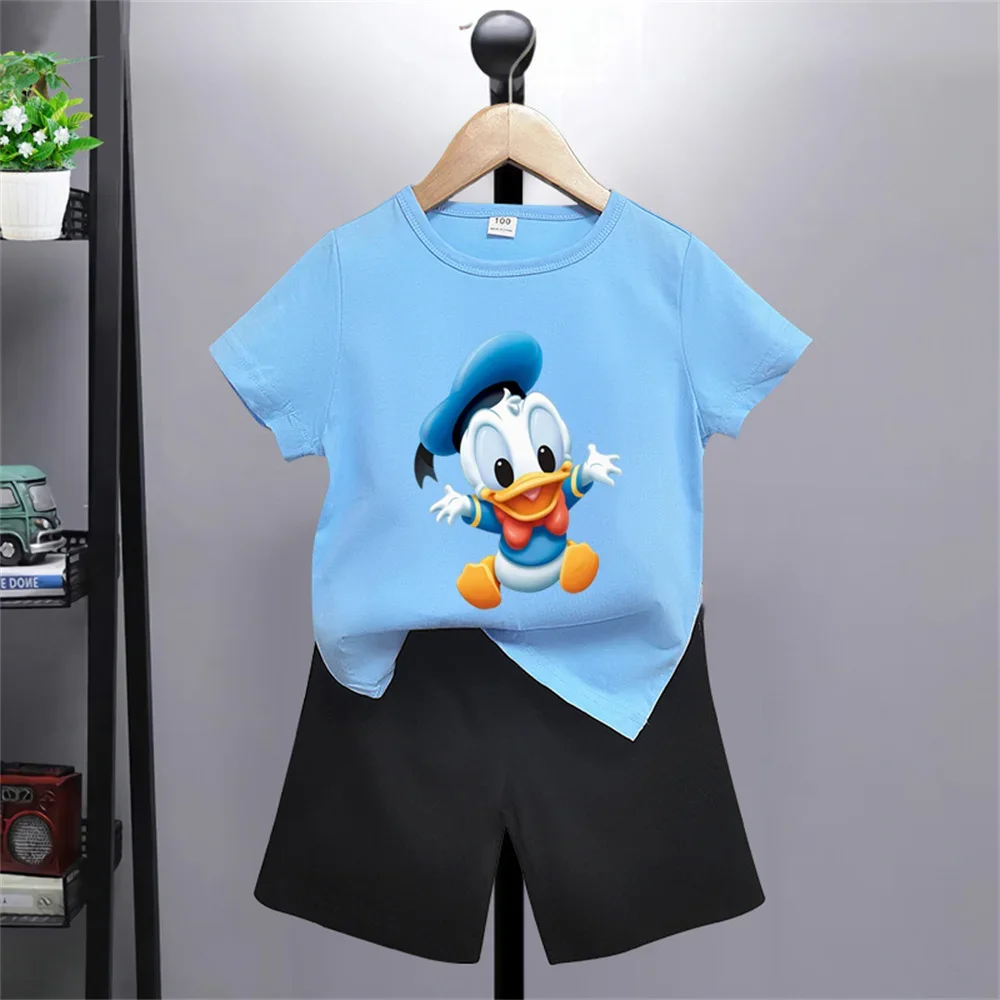 Summer 2024 Cute and Fun Disney Cartoon Boys Girls Printed T-shirt + Shorts Set Top Cotton Short Sleeve Shorts Gift