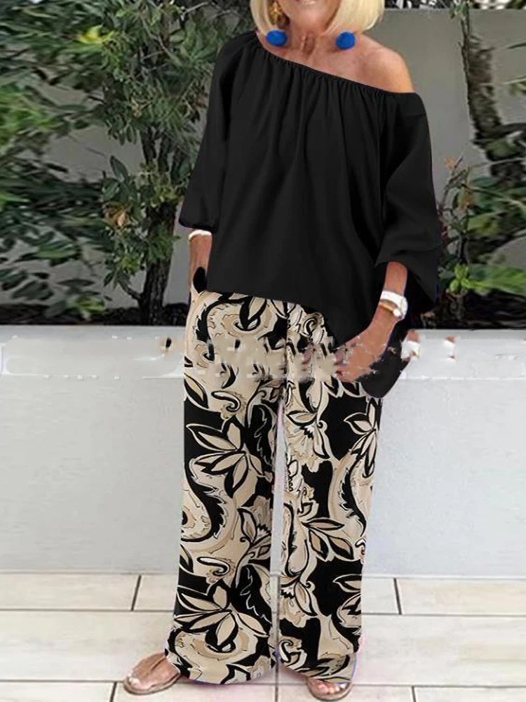 Autumn women's Long Sleeve Casual Style Polyester Material 2022 New Fashion Printed One Shoulder Top Wide Leg Pants Loose Suit