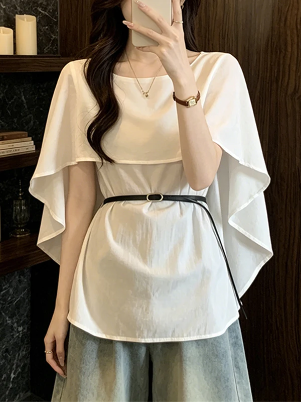 

plus Size Summer New Style Shirt Women's Fashionable Short Sleeve Top with Belt Slimming Effect Korean Style Casual Wear