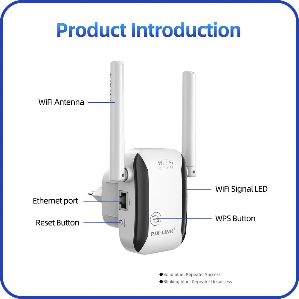 PIX-LINK LV-WR29 300Mbps WiFi Repeater 2.4G Signal Booster Amplifier، إشارة فائقة مع WPS، إعداد سهل، اختراق الجدار