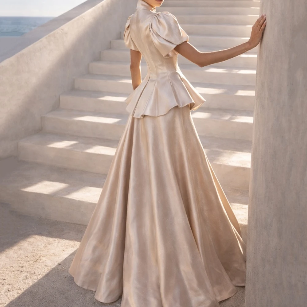 

Women's A-line Evening Dresses Floor-length Square Collar Short Sleeve Prom Gown Fashion Crystal Simple Draped Customized Gowns