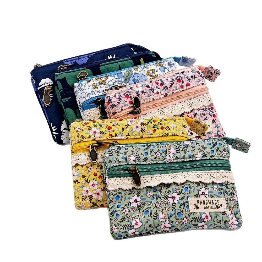New Fashion Flower Multi-layer Cotton Fabric Coin Purse Women Card Wallet Small Change Bag Retro Canvas Female Hand Purses Pouch