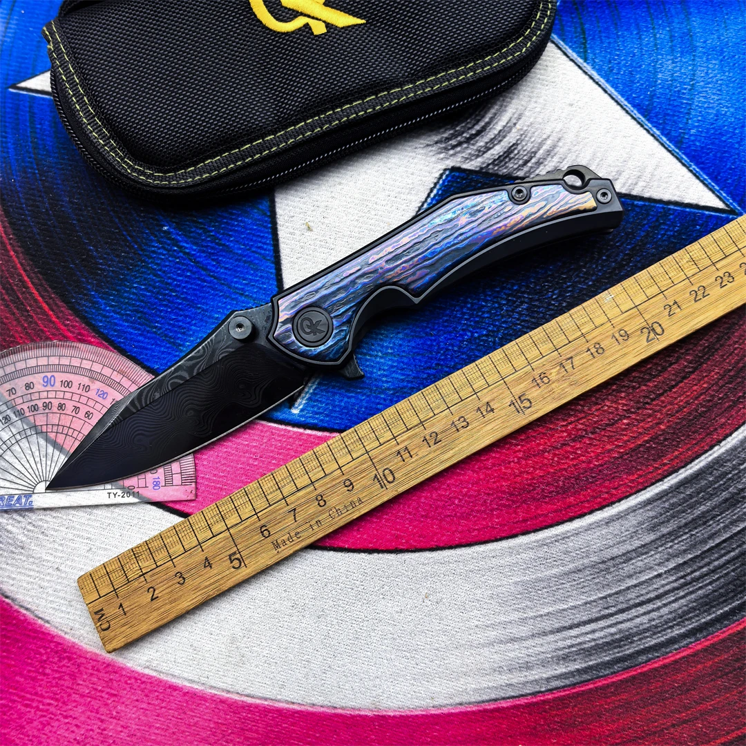 QK Damascus Steel Folding Knife Zirconia Titanium Alloy Handle Outdoor Camping Fishing Hunting EDC Hiking Defense Tool