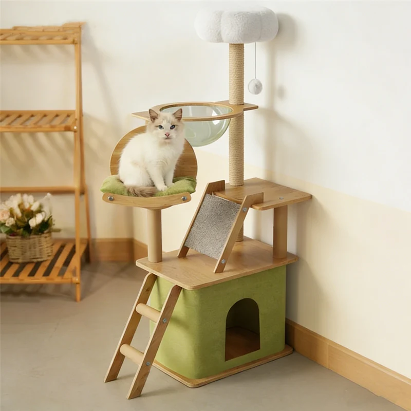 

Large Wooden Cat Tree Tower Multi-Level Cat Condo Cat Climbing Frame with Cat Bed & Perch for Indoor Cats