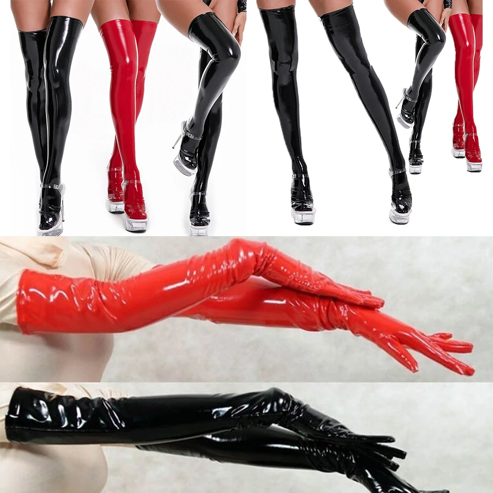 Women Wetlook PU Leather High Stockings Mittens Black Red Leather Shinny Long Gloves Disco Party Dance Clubwear Cosplay Costumes