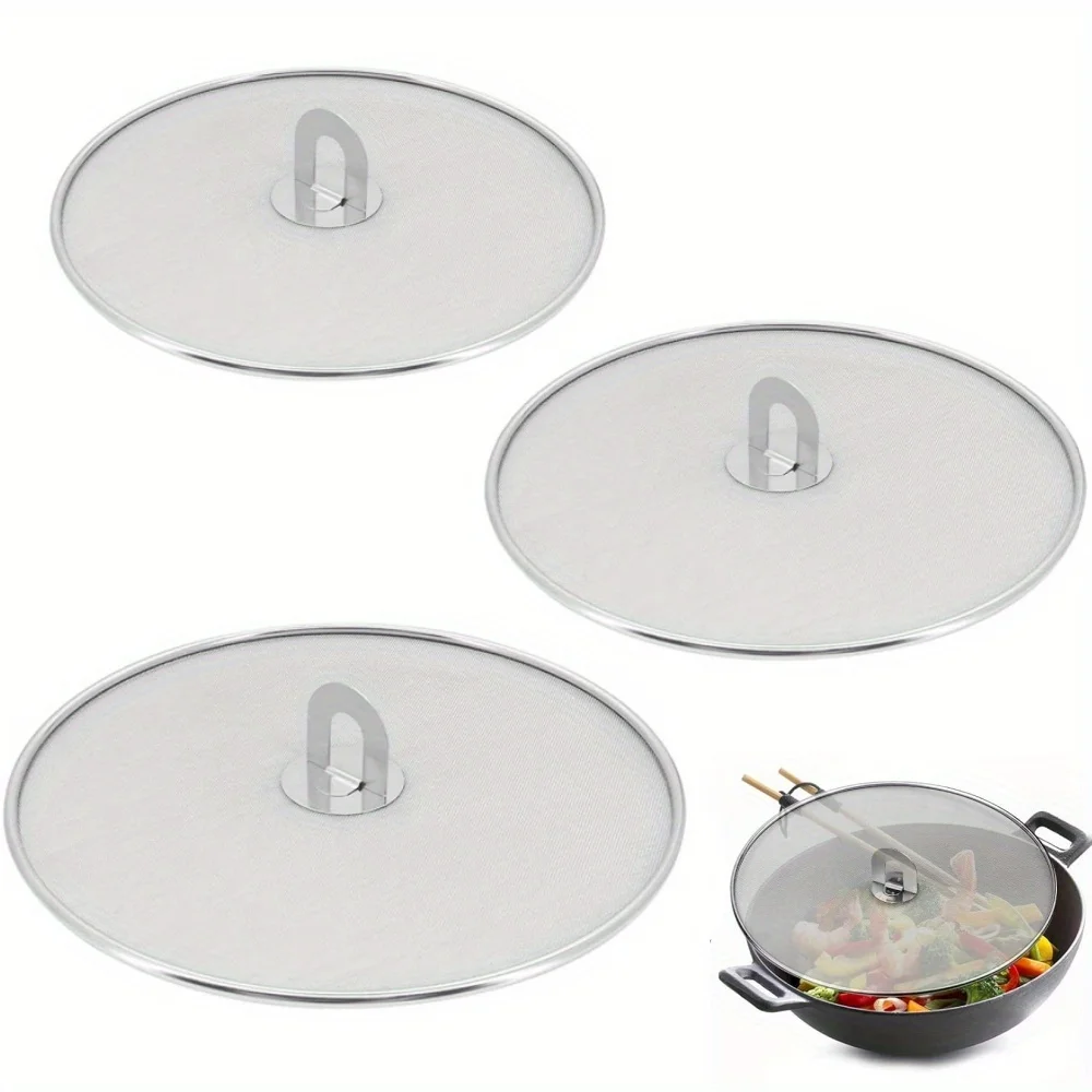 1/3Pcs Splatter Screen for Frying Pan Cooking, Stainless Steels Frying Pan Splatter Guard with Fold Flat Knob Cover Protector