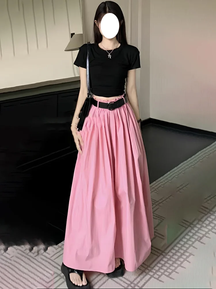 

Pink High Waist A-Line Midi Skirt Women's Summer 2025 Loose Slimming Design Wide Leg Korean Sle Faionable Skirts