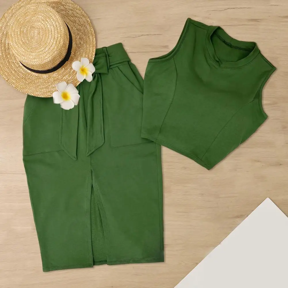 Two Piece Sets Womens Outifits 2024 Summer Fashion Solid Color Round Neck Sleeveless Crop Top & Skirt Suit Casual Pocket Design