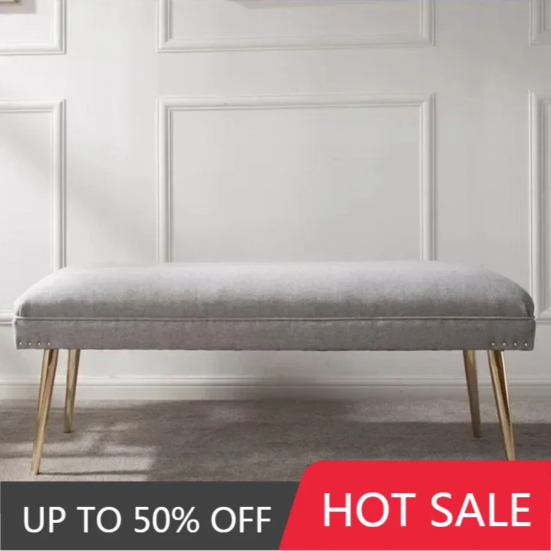 CreativitySimple Luxury Fabric Bench Rivet Trim Detail Brass Finish Metal Legs Ottoman Bench For Entryway Living Room Home Decor