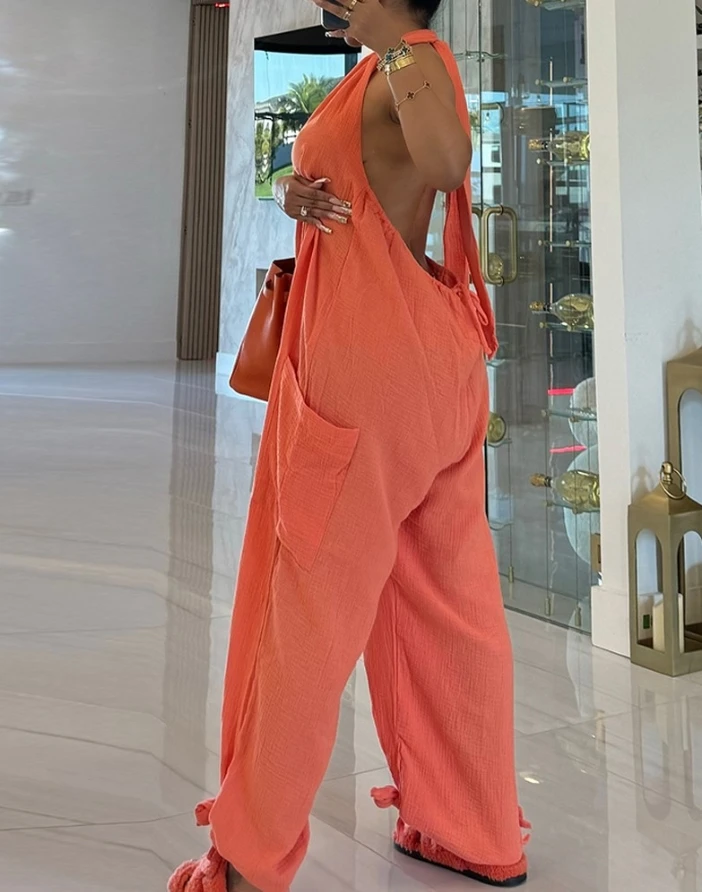 Women's Fashion Bodysuit 2025 Spring Summer Latest Halter Sleeveless Cuffed Lace Up Backless Jumpsuit Casual Pocket Romper