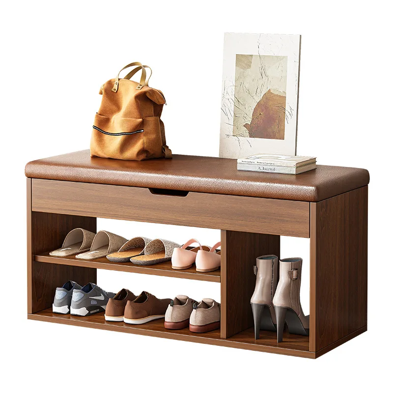 

Household door shoe cabinet seat integrated soft bag bench entry shoe rack changing stool double layer open shoe rack