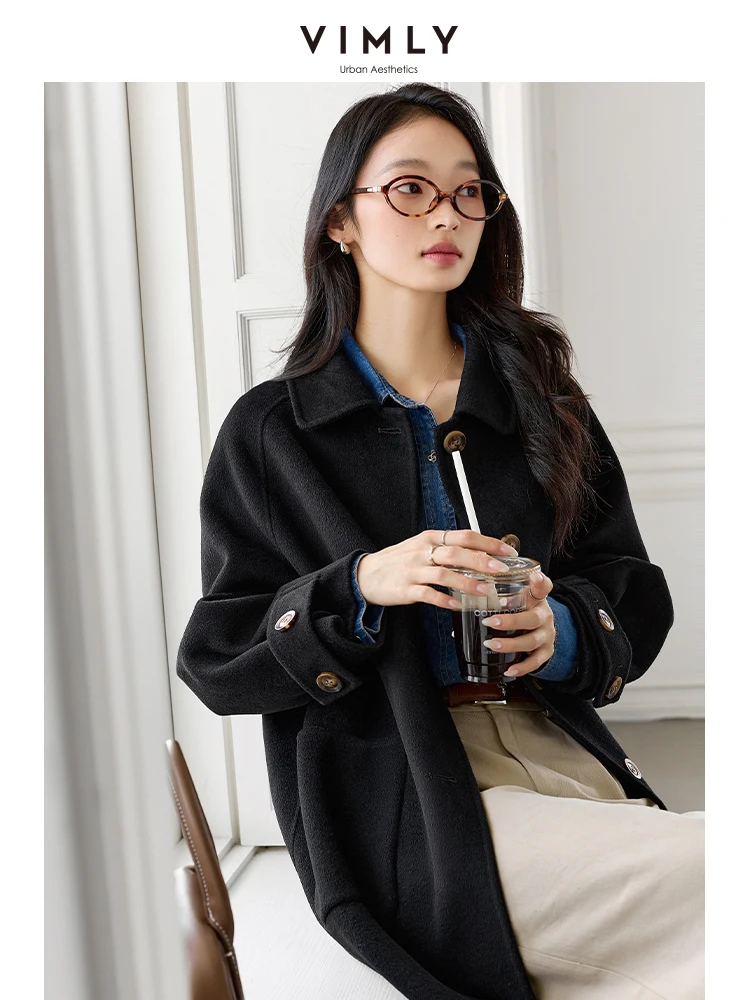 Vimly Double Faced Wool Blend Long Coat Winter Women Woolen Simple Casual  Knitted Jacket Office Lady Warm Overcoat 50659