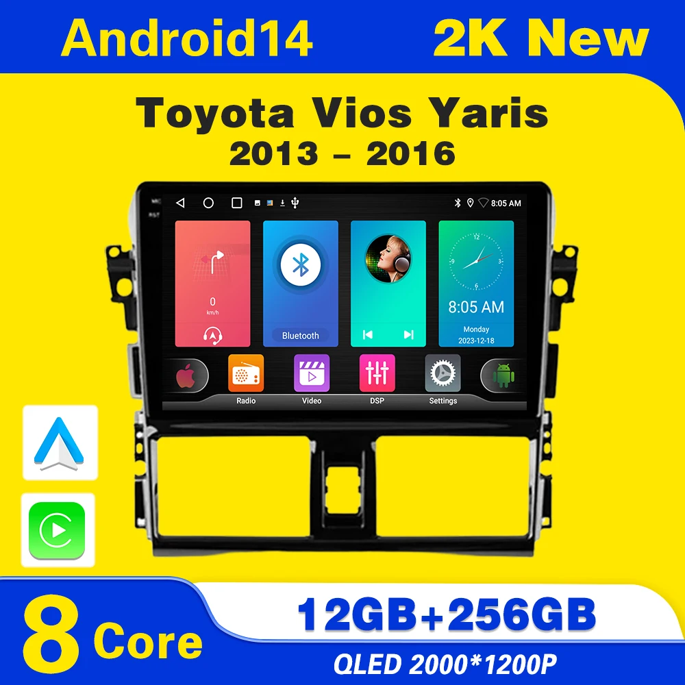 

Car Radio Android 14 For TOYOTA VIOS YARIS 2013 - 2016 2020 Video Multimedia Player GPS Navigation WiFi Bluetooth Head Unit