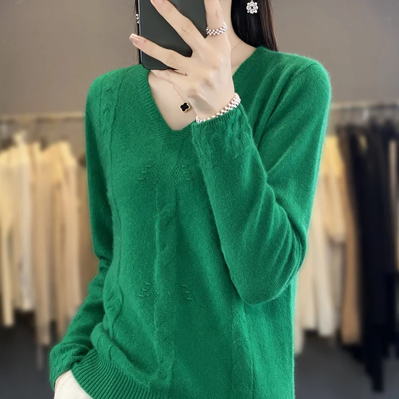 

Autumn Winter New Pure Wool Sweater Woman V-neck Twisted Jacquard Pullover Casual Knitted Basis Top Cashmere Female Knitwear