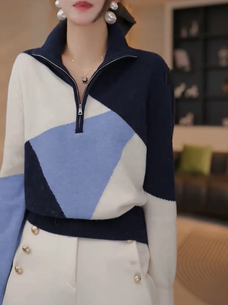 

Весенний повседневный корейский вязаный свитер 2025 года с открытым воротником, в стиле колор-блок, больших размеров, модный, художественный, надеваемый через голову