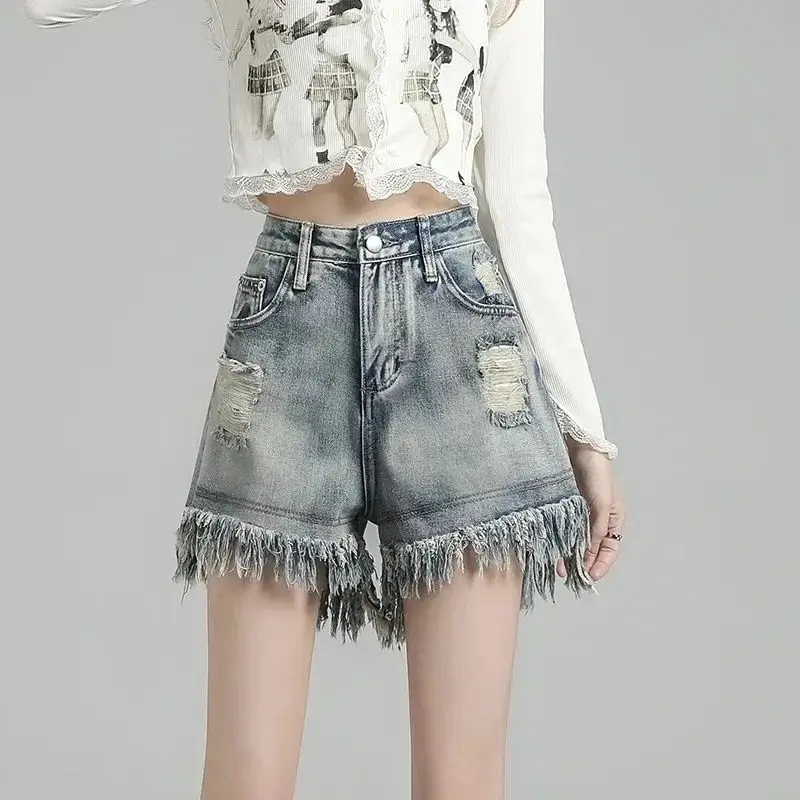 Tassel Ripped Jeans for Women in Summer High Waist Fur Edge A-line Loose Wide-leg Denim Shorts to Make Them Look Slim