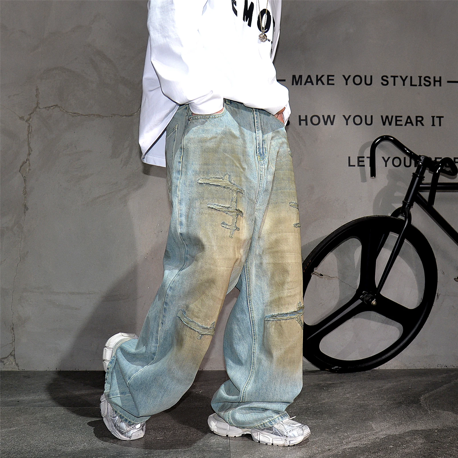 High End Men'S Clothing Distressed Baggy Jeans For Men Hip Hop Beggar Ripped Stacked Jeans Streetwear Skateboard Denim Pants