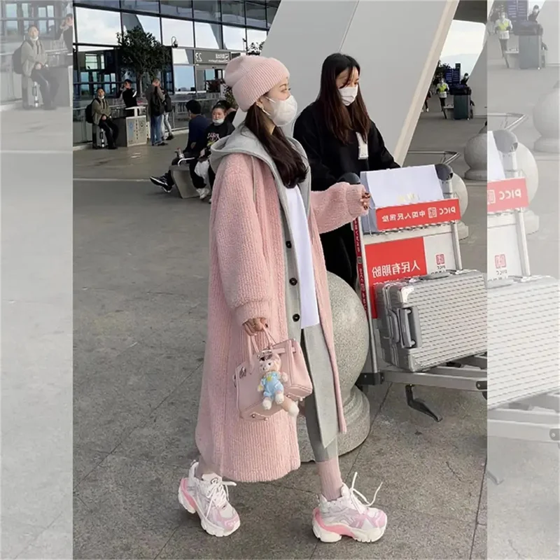 Fake Two-piece Hooded Plush Coat For Women  Autumn Winter New Plush Thickened Warm Loose Fitting Slimming Mid Length Jacket Tren