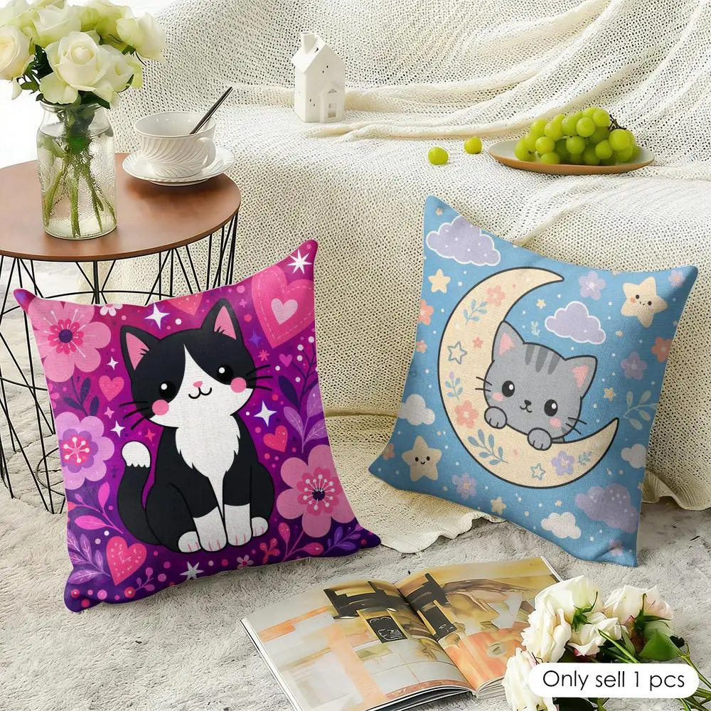 Cute Cartoon Cat Print Cushion Cover Natural Linen Organic Fabric Double-Sided Printing Breathable Perfect For Home Decor