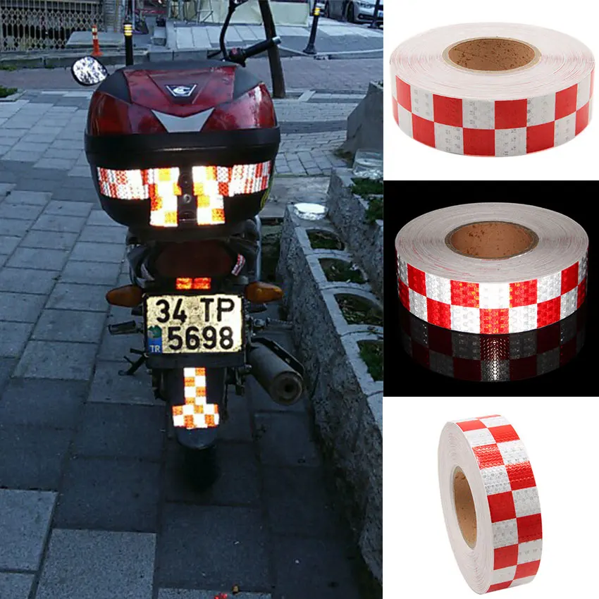 2\'\' Waterproof Grid Reflective Tapes White-Red Fluorescent-Red Warning Strip Reflector Protective Safety Sticker 25M For Vehicle