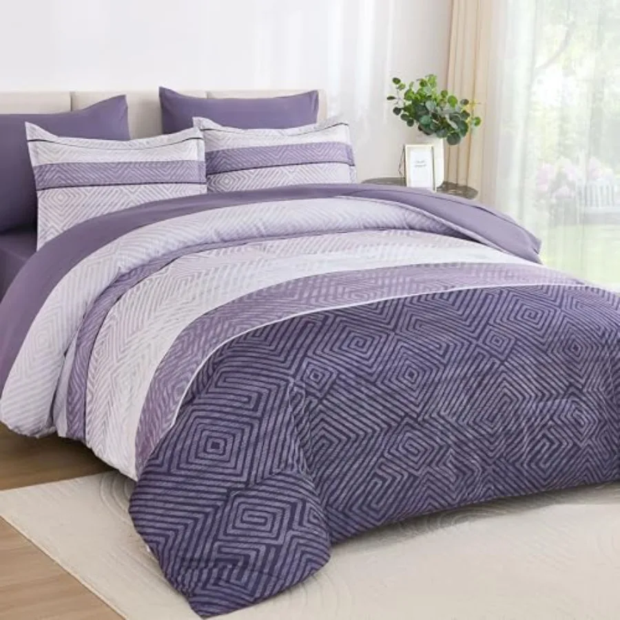 

Comforter Set Size 7 Pcs Bed in a Bag, Boho Striped Bedding Set, Soft Microfiber Comforter and Sheet Set for All Season,90"x90
