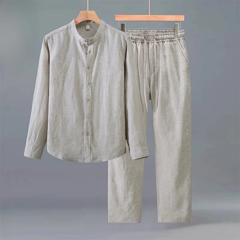 Men's Summer Casual Shirt Long Sleeve Silk Linen Thin Breathable Stand Collar Two Piece Set Loose Fit Comfortable Lightweight