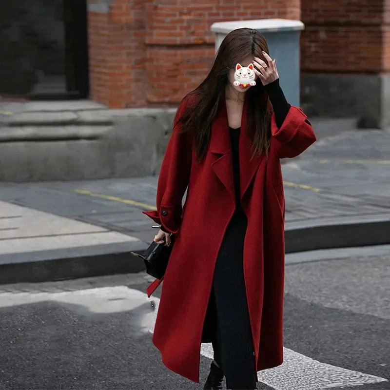 Abrigo de lana de doble cara para mujer, abrigo pequeño rojo por encima de la rodilla, medio a largo, estilo perezoso francés, Otoño e Invierno