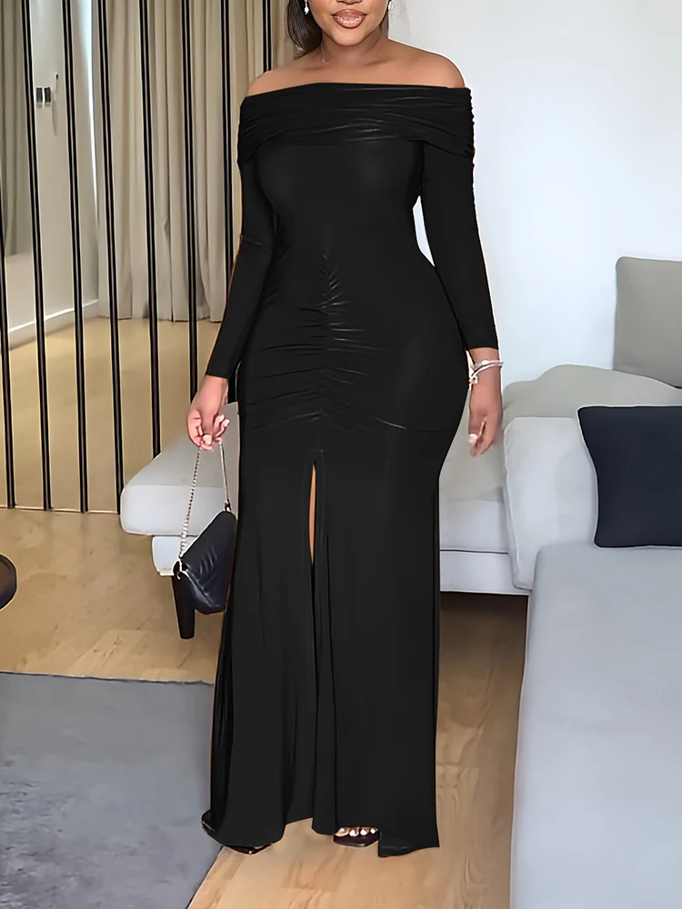 Elegant Evening Dresses Long Patry Gown Sexy Off Shoulder Long Sleeve Mermaid Bodycon Split Maxi Robe Femme