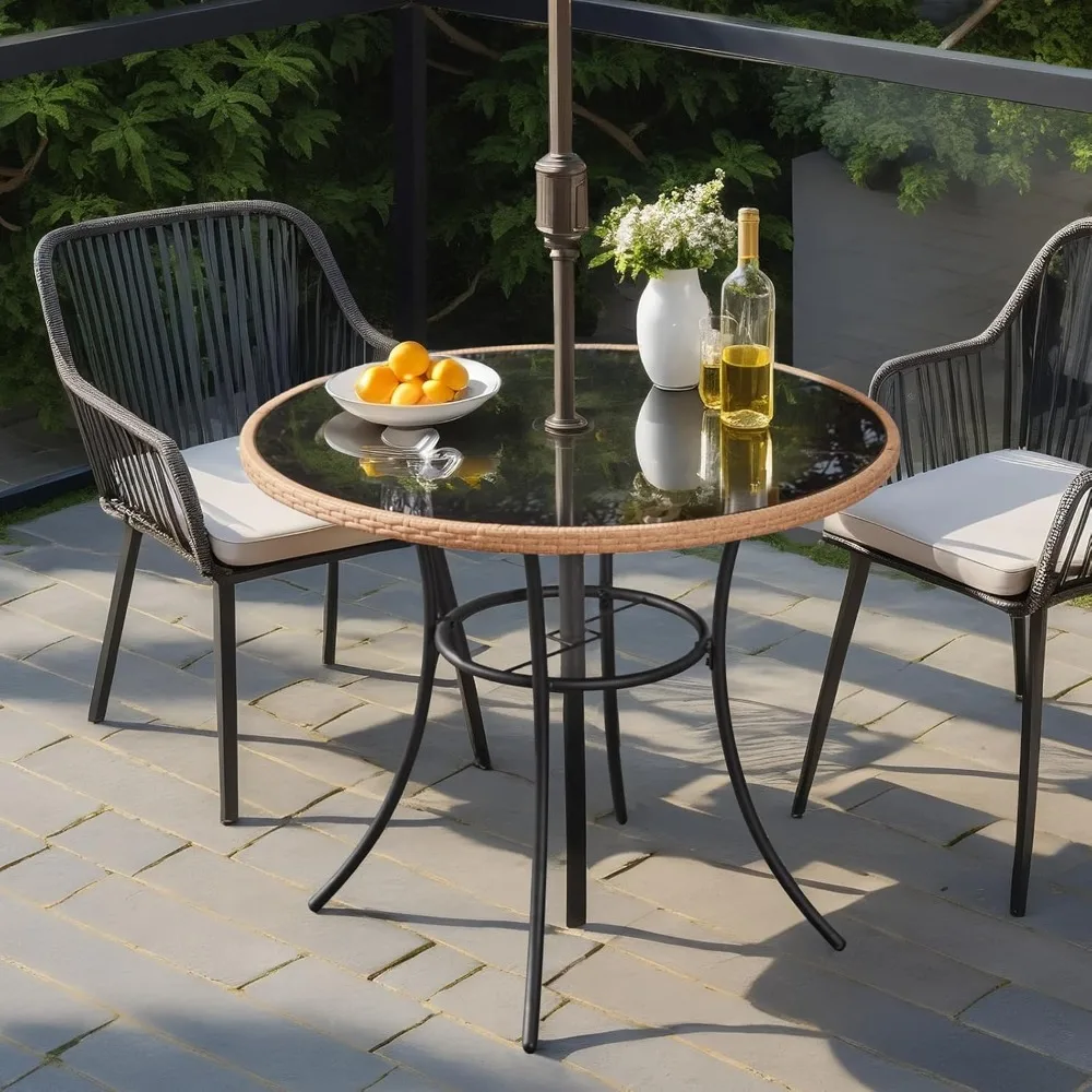 

35.6-Inch Round Outdoor Dining Table for 4-6, All-Weather Steel Frame & Glass Tabletop with Umbrella Hole, Patio Furniture for
