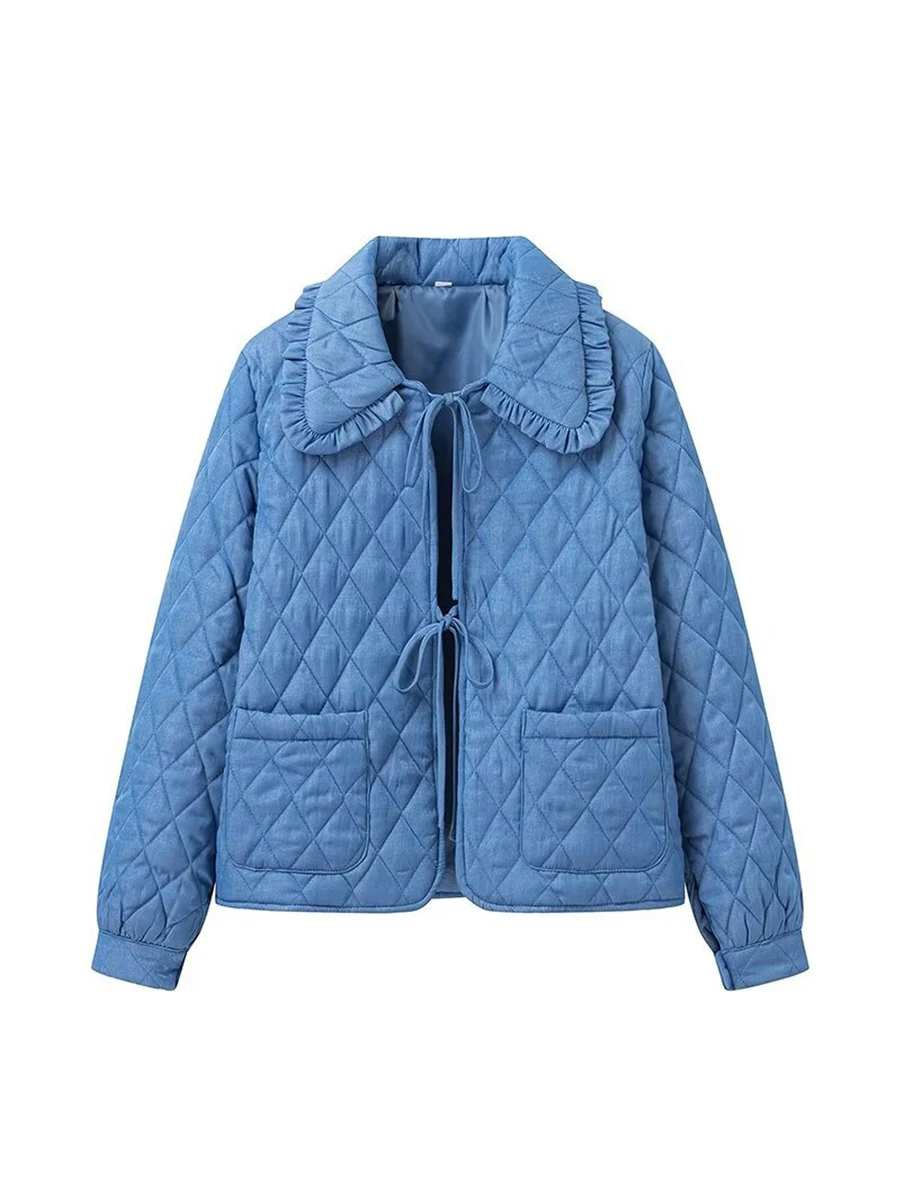 Women Lightweight Cotton Jacket Rhombus Ruffled Doll Collar Lacing Closure Pockets Winter Outwear