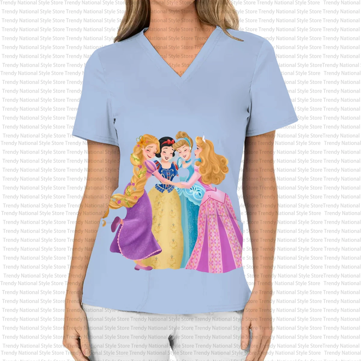 تي شيرت نسائي جديد بلوري برقبة على شكل حرف V مع طباعة أميرات ديزني - عيادة الأسنان، متجر الحيوانات الأليفة، بدلة ركاب، زي ممرضة المستشفى #5