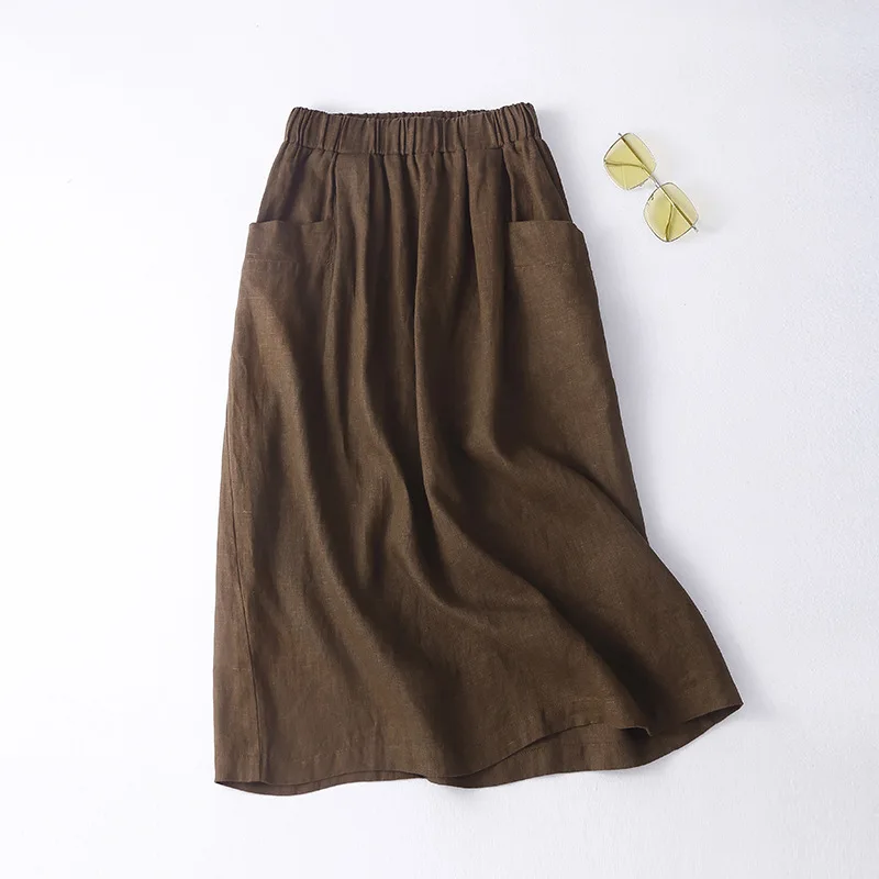 Cotton linen solid color high waist half-body skirt women's spring and summer retro Japanese a word casual medium-length half-bo