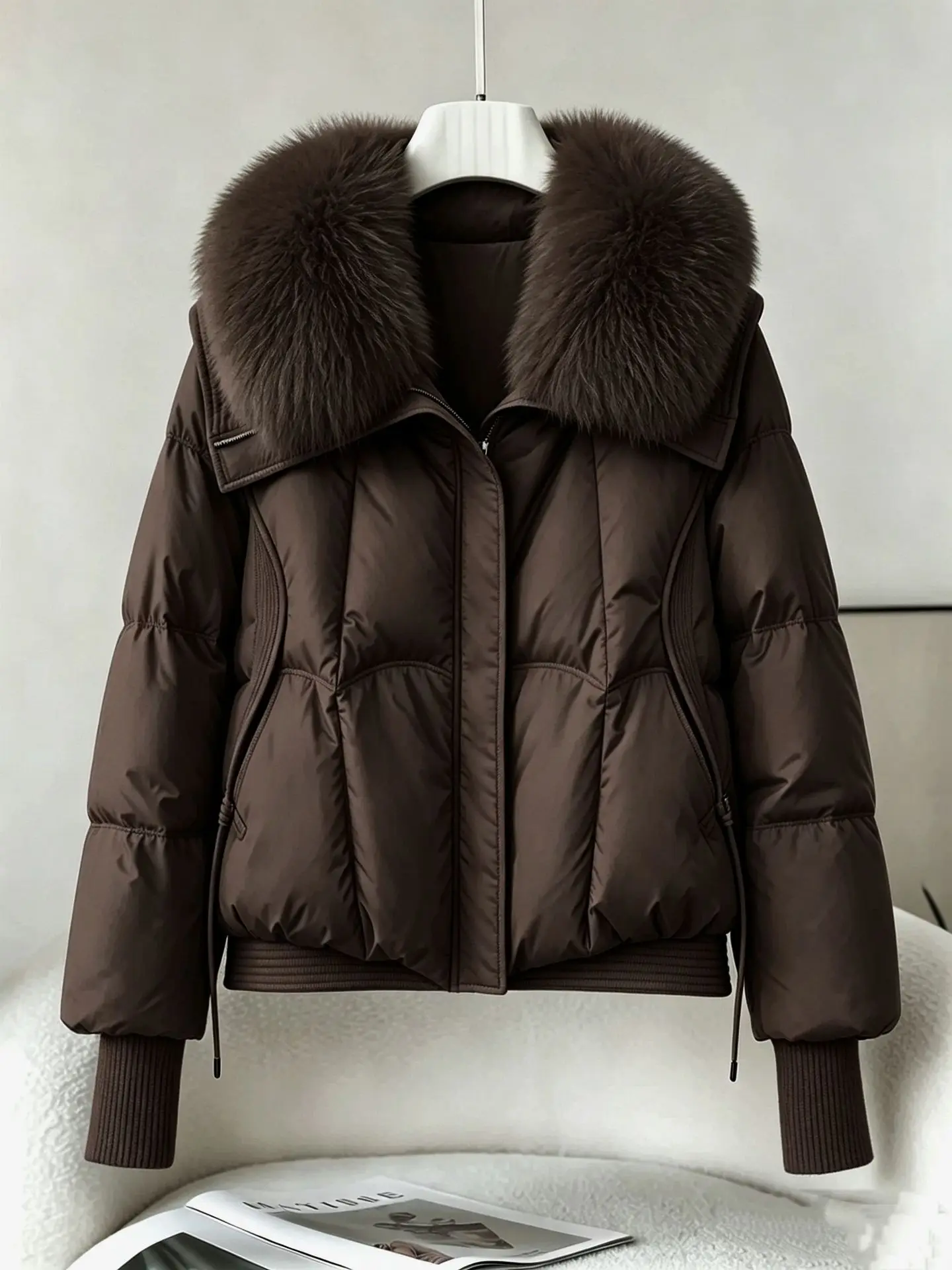 Fashion Big Fur Collar Winter Coat Women Chic Retro Temperament Turn Down Collar Thicken Outerwear Simple Commuter Cotton Jacket
