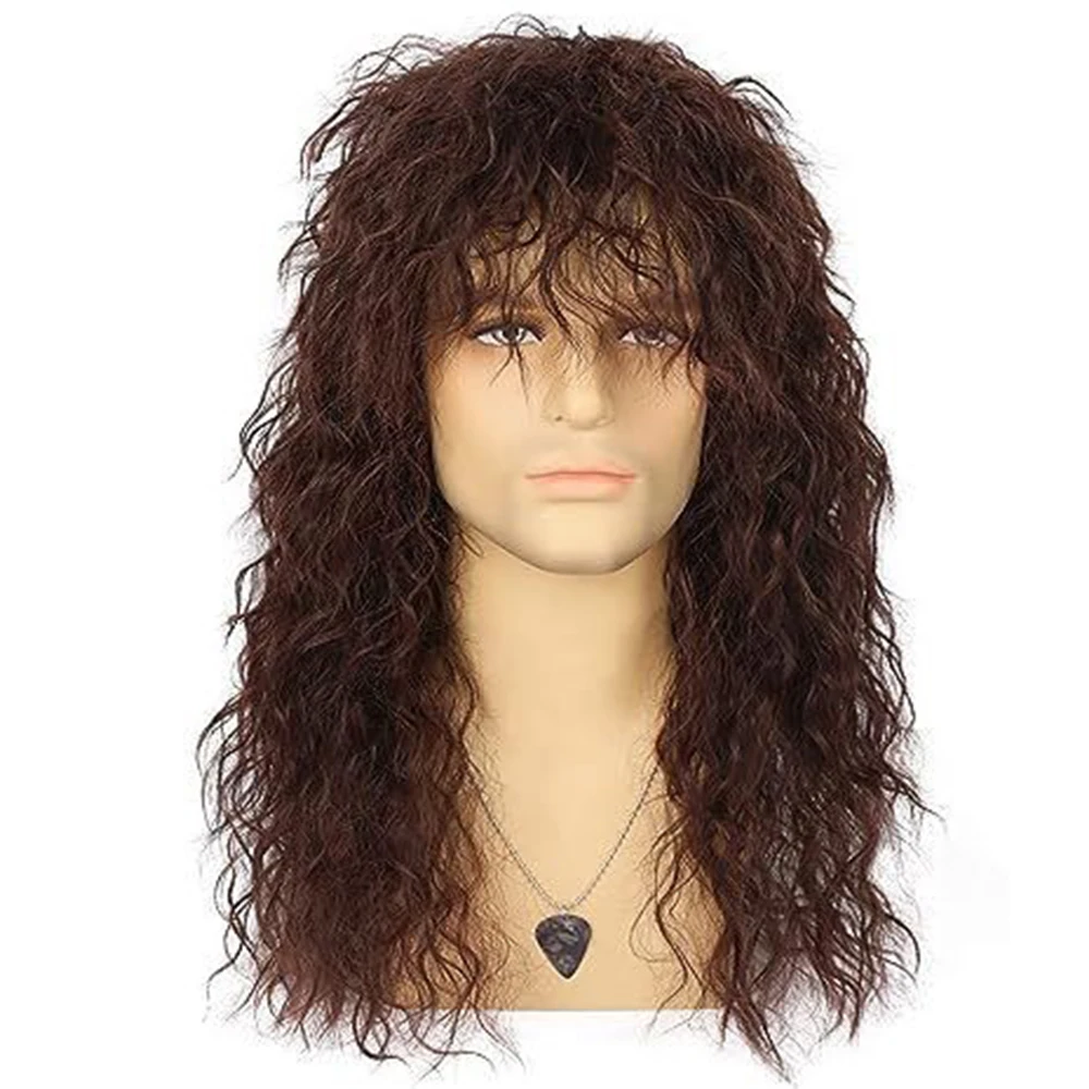 Peluca sintética de los años 80 para hombre, pelucas de salmonete para hombre, peluca larga y rizada con flequillo, pelucas de discoteca de Metal Rock para disfraz de fiesta de Halloween