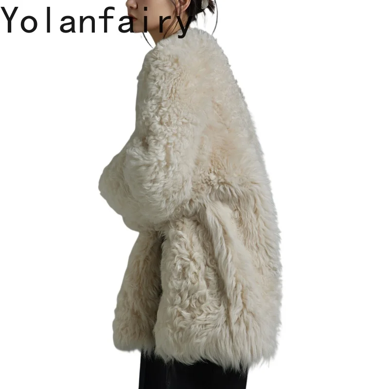 YOLANFAIRY Winter Real Fur Coat for Woman V Neck Oversized Natural Sheep Fur Integrated Jacket Women's Leather Fur Coats abrigo