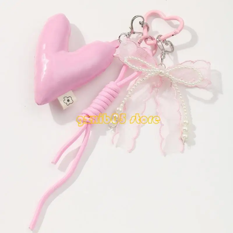 

C9GE Fashionable Heart Bows Bag Pendant With Cord And Faux Pearls Decors Bags Charm Keyring Car Accesories For Everyday Use