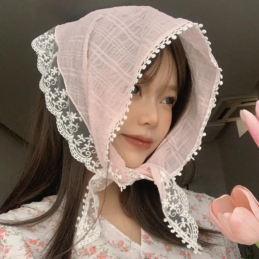 New Ins Lace Hair Scarf Floral Print Transparent Headscarf Hat Retro Triangle Hair Band Women Travel Photo Headband Accessories