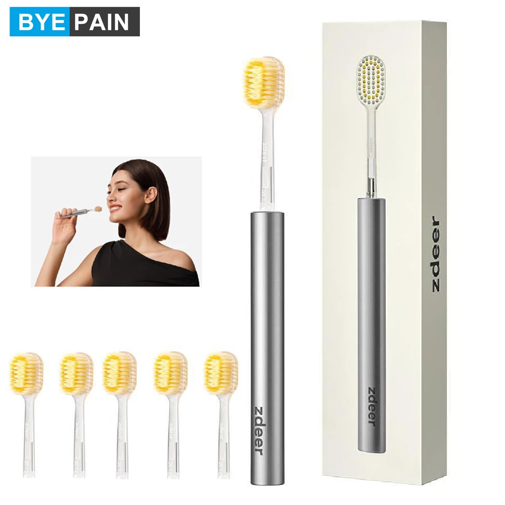 ZDEER Metal Handle Manual Toothbrush with 6 Replaceable Soft Bristle Heads, Reusable Premium Oral Care Toothbrush Set for Adults