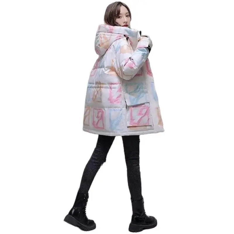 2023 Winter New Korean Version Loose Fit Women's Down Coat Leisure Warmth Colored Plaid Printing Fashion Casual Windproof Coat B