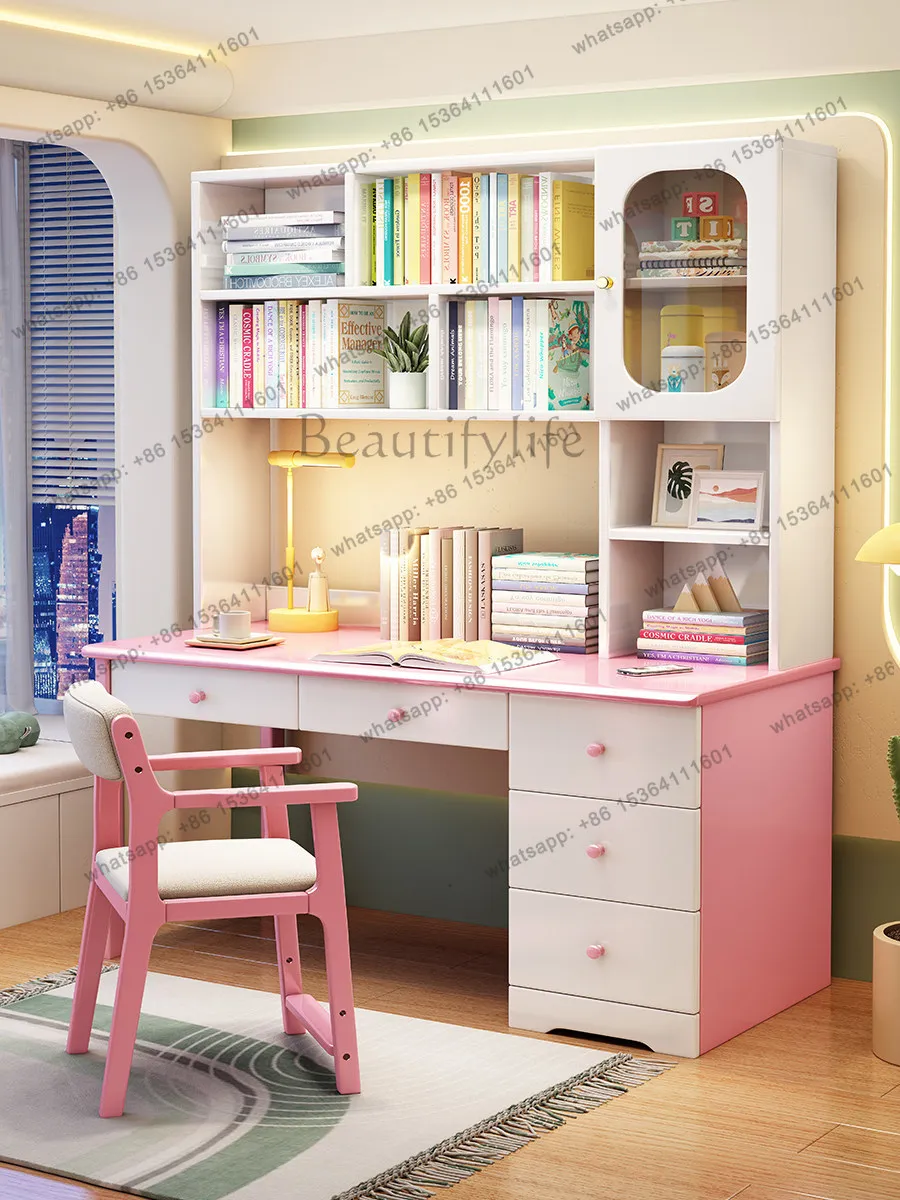 Solid wood computer home bookshelf bookcase integrated multi-functional study table