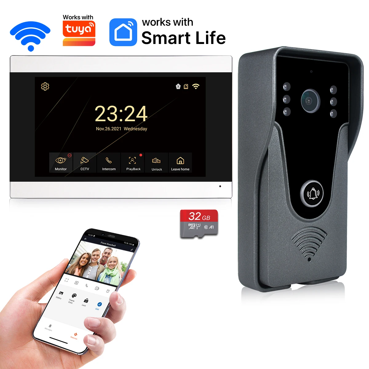 Wireless WiFi Video Intercom System 1080P Smart Video Doorbell for Home Touch Screen 32G Card 2 Way Audio TUYA APP Unlock 4 Wire