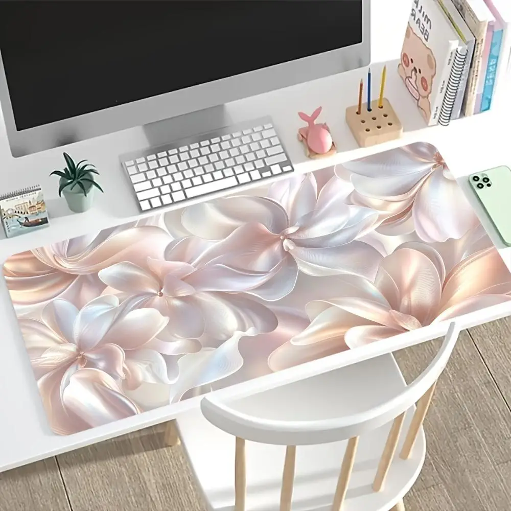 Desk Mat Elegant Pastel Flower Print Anti Slip Rubber Mousepad Stitched Edge Keyboard Pad For PC Laptop Gamers Table Decor
