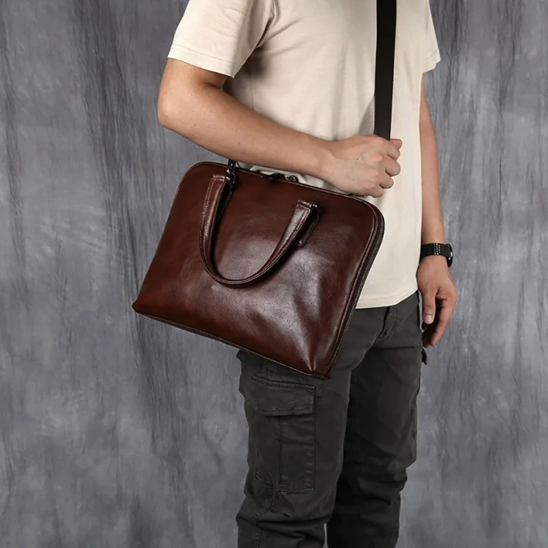 Tas kantor kulit asli pria, dengan ritsleting Vintage tas tangan bisnis tas Messenger bahu 14 inci tas Tote Laptop untuk pria