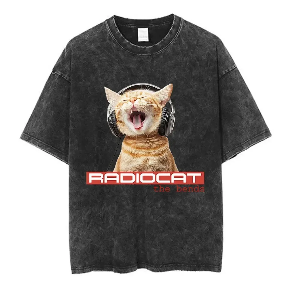 Hot Sale Rock Band Radiohead The Bend Funny Cat Print T-shirts Men Women Streetwear Fashion Vintage Washed Cotton Summer New Tee