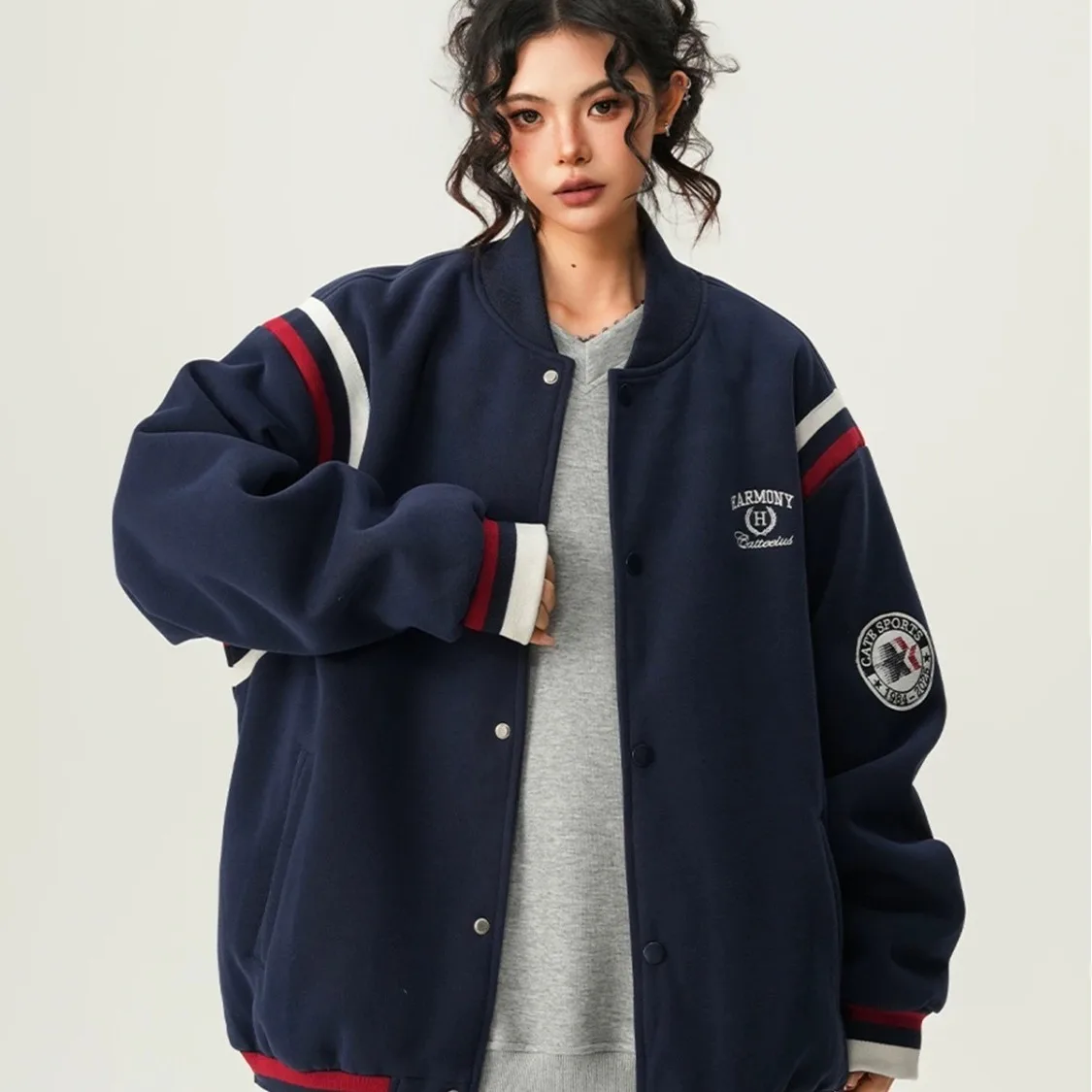 

Loose Retro Women's Baseball Jacket Autumn American Casual Outerwear Top Color Block High Street Style Stand Collar Coat 2025