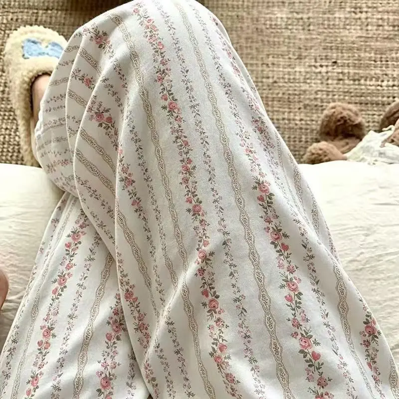 Flower Print Casual Sleep Pants New Spring and Summer Loose Casual Pants Wide-Leg Home Pants 2026 Long Thin Outside Pant